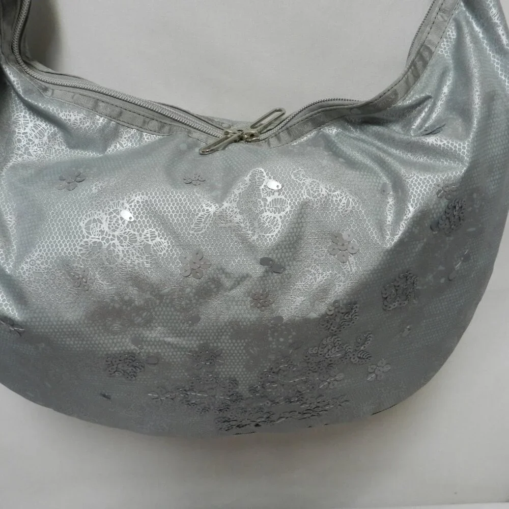 LeSportSac Sequin large Hobo bag purse zip top adjustable Expandable gray NEW